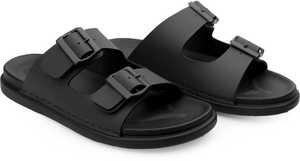 Sandales classiques noires pour hommes à double bride, à enfiler, à bout ouvert, semelle plate, décontractées, respirantes, légères, avec semelle intermédiaire en cuir, chaussures d'été - Product Image 3