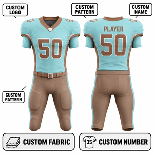 Ensemble de maillot et pantalon de football américain sublimé personnalisé pour homme, col en V, manches courtes, anti-humidité, ajusté, bleu et marron - Product Image 4
