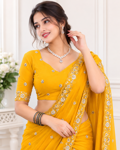 Sari en soie jaune AARA Fashion, broderie florale, tenue de mariage traditionnelle pour femmes, longueur au sol, coupe classique, style indien pakistanais - Product Image 3