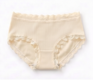 Ensemble soutien-gorge sans armatures et culotte taille mi-haute beige pour femme avec dentelle, en tricot de spandex, style élégant sans couture - Product Image 3