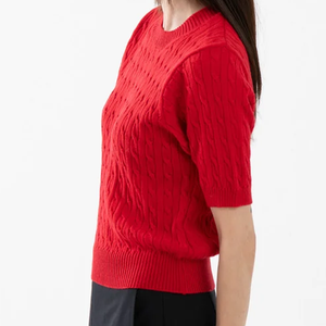 Pull en tricot torsadé rouge pour femme, manches trois quarts, col rond, 100% acrylique, décontracté, coupe classique, tricoté à la main, couleur unie - Product Image 4