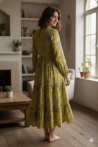 O Neck Cotton Floor Length <b>A</b> <b>LINE</b> <b>Dress</b> Long Sleeves Handblock <b>Pattern</b> Women's Daily Wear Embroidery Pocket Detail - Product Image 2