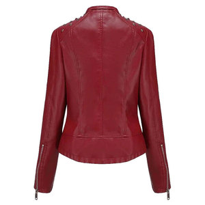 Chaqueta de Motocicleta para Mujer, Color Borgoña, de Piel de Oveja, Transpirable, Manga Larga, Cierre de Cremallera, Cuello Alto con Remaches, para Otoño - Product Image 2