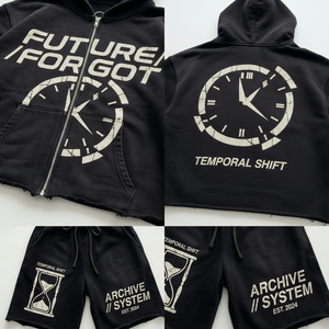Conjunto de Sudadera con Capucha y Pantalones Cortos Unisex Personalizados, Negros, con Lavado Ácido, Apliques y Parches, Estilo Urbano, Fabricante de Ropa con Marca Privada OEM ODM - Product Image 5