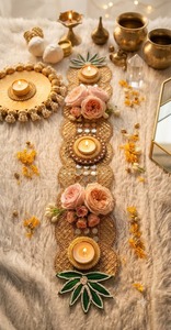 Ensemble de chemins de table en métal faits à la main, écologiques, pour décoration de mariage indien, avec dentelle à sequins dorés, travail miroir et fleurs artificielles, pour bougies chauffe-plat - Product Image 5