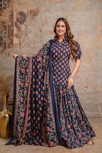 Traditional <b>Navy</b> Blue Cotton Floral Printed Kurti With Long <b>Skirt</b> & Dupatta Set For <b>Women</b> Casual Wear India Pakistan Style - Product Image 3