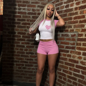 Women Pink Design 3 Piece Shorts Set <b>Raglan</b> Sleeve Crop <b>Top</b> Foldover Waist Headband Breathable Cotton Spandex Summer Loungewear - Product Image 6