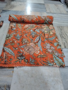 Handmade Kantha Quilt Reversible Cotton Blanket Orange Yellow Multi Color <b>Bedspread</b> Home Decor Gift for Her - Product Image 2