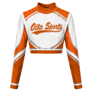 Maillot de cheerleading sublimé orange et blanc à manches longues – Tenue de sport athlétique pour l'entraînement, la pratique et les compétitions - Product Image 1