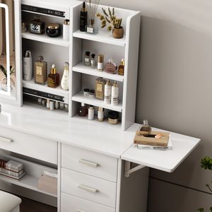 Fashionable <b>Makeup</b> <b>Vanities</b> Set with <b>Vanity</b> Desk Mirror Lights Open Shelf Chair - Product Image 5