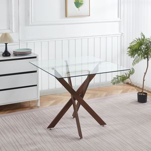 Tavolo da Pranzo Moderno Color Noce con Gambe Incrociate in Metallo e Piano in Vetro Temperato Salvaspazio per Cucina e Soggiorno - Product Image 3