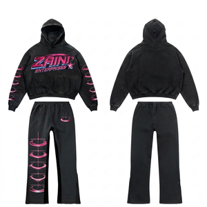 <b>Men</b> Hooded Tracksuit 400 GSM Cotton Polyester Fleece <b>Black</b> Premium Heavyweight Custom DTF Printed Logo <b>Hoodie</b> Jogger Set - Product Image 1