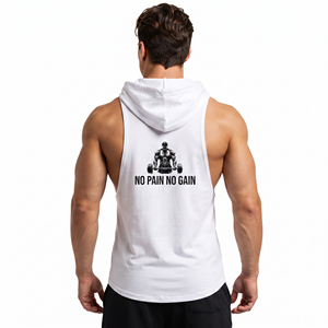 Hooded Gym Workout Tank Top Men Printed <b>Singlet</b> Hoodie Fitness Wear Knitted Tank Top 100% Cotton Polyester Hooded Vest Top - Product Image 3