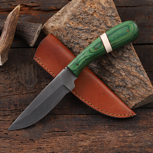 Cuchillo de caza y desollado de hoja fija de acero 1095 con mango de madera Pakka, espiga completa, personalizado OEM/ODM, con funda de cuero - Product Image 1