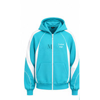 Ensemble de survêtement personnalisé avec logo, coloris turquoise et blanc, 100 % coton, sweat à capuche entièrement zippé 450 g/m² et pantalon
