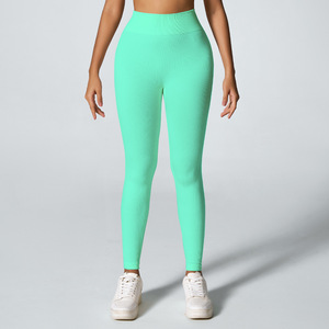 Leggings de yoga côtelés à taille haute élastique avec logo, sans couture, séchage rapide, longueur intégrale, pour l'entraînement en salle de sport - Product Image 6