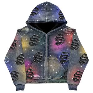 Wholesale Custom <b>500</b> <b>GSM</b> Cotton Fleece Distressed Oversized Acid Wash Zip-Up <b>Hoodie</b> Unisex OEM - Product Image 4