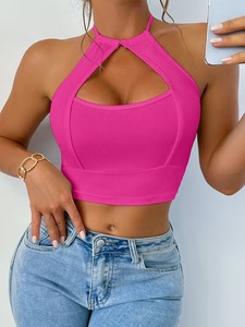 Seamless Ribbed Halter Neck Active <b>Crop</b> <b>Top</b> Keyhole Front Tie Back Gym Bra High Stretch Athletic Fitness Yoga Tank - Product Image 1