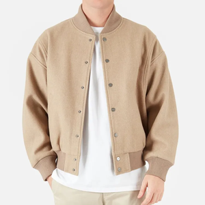 Chaqueta Bomber Beige para Hombre, Cuello Alto de Algodón, Estilo Casual para Otoño, Corte Regular, Cierre de Botones, Tejido de Punto, Color Sólido - Product Image 3