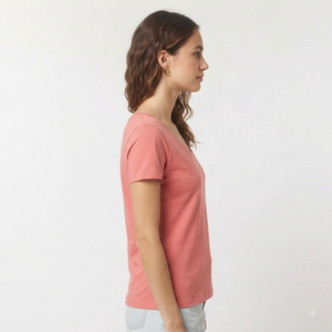 T-shirt rose à col rond pour femme, manches courtes, couleur unie, décontracté, respirant, 100% coton jersey, coupe classique, pour le printemps et l'été - Product Image 4