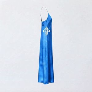 Robe longue à fines bretelles très demandée, imprimée par transfert thermique, dos croisé, couleur unie, 100 % polyester, ourlet droit pour femme - Product Image 4