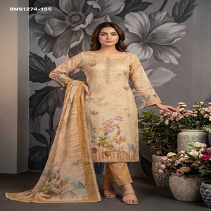 Beautiful Cotton Linen with Simar Print & Hand <b>Beads</b>-Cut work Readymade Kurti-Pant & Printed Dupatta Collection Indian Supplier - Product Image 1