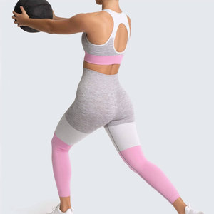 Women's Color Blocking Yoga Set Racerback <b>Crop</b> <b>Top</b> High Waist Full Length Leggings Seamless Sweat-Wicking Pink Gray White - Product Image 2