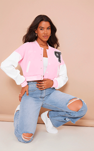 แจ็คเก็ตหนังเบสบอลแบบ Letterman สีชมพูสั่งทำพิเศษสำหรับผู้หญิง ขายดีที่สุด - Product Image 2