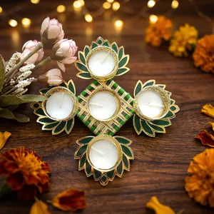Juego de Portavelas de Loto Verde Hechos a Mano, Soporte Decorativo Dorado para Diya, para Diwali, Bodas, Pooja y Decoración del Hogar, Arte de Mesa - Product Image 2