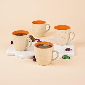 Ensemble de 4 tasses à thé en grès DuoTone beige et orange à pois, compatibles micro-ondes, avec motif de fruits et plateau, capacité de 400 ml - Product Image 4