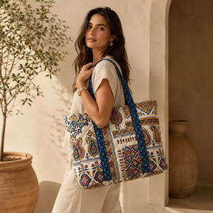 Ethnic Quilted Striped 100% Cotton Large <b>Size</b> Tote <b>Bag</b> with Long Handle and Shopping Use From Rajasthan - Product Image 3