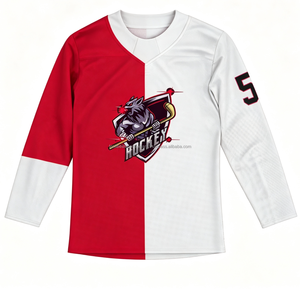 Jersey de Hockey sobre Hielo Personalizado, Blanco y Rojo, Malla, Cuello en V, Manga Larga, Sublimado, Uniforme con Número de Equipo para Hombre - Product Image 5