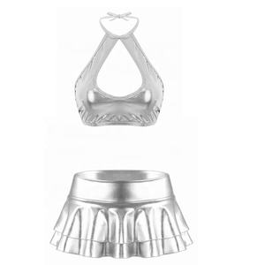 Ensemble haut court en similicuir métallisé pour femmes, veste, mini-jupe à volants, pour tenue de club, cocktail, danse, entraînement, uniforme de cheerleading - Product Image 5