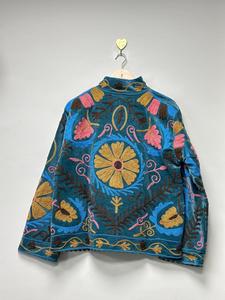 Vintage Sky Blue <b>Velvet</b> Suzani Embroidered <b>Jacket</b> with Floral Pattern Full Sleeve Stand Collar Bohemian <b>Women's</b> Winter <b>Jacket</b> - Product Image 3