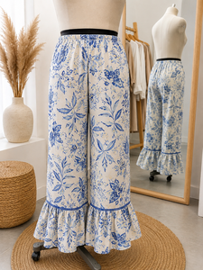 Pantalon de détente droit pour femme à imprimé floral, ourlet à volants, style bohème palazzo, taille élastique, décontracté, 100 % coton, écologique - Product Image 2
