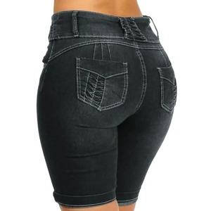 PRIMEFIELD ENTERPRISES Short en jean taille mi-haute pour femme, coupe droite, poches froncées, délavé, style automne, couleur unie, imperméable - Product Image 5