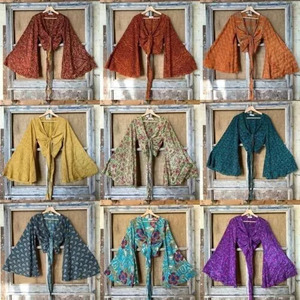 เสื้อครอปพิมพ์ลายดอกไม้ผ้าไหมฟรีไซส์สำหรับผู้หญิง - เสื้อเชิ้ตแขนยาวผูกด้านหน้าสไตล์โบโฮลำลอง - Product Image 6