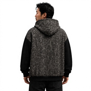 Sweat à capuche épais pour homme en coton tricoté 100 % avec empiècements contrastants, motif léopard, poche avant, personnalisable, hiver - Product Image 2