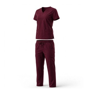 Women's Burgundy Polyester <b>Scrub</b> Set V Neck Top Pocket Drawstring Pants Breathable Workwear - Product Image 2