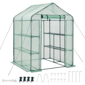 Serra da Giardino Walk-in 141 cm x 142 cm x 200 cm con Telaio in Acciaio e Legno, 2 Livelli, 8 Ripiani, Porta con Cerniera Scorrevole, Copertura in PE per Esterni - Product Image 1