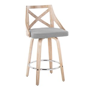 Sgabello da bancone Charlotte 26 pollici a altezza fissa, in legno bianco anticato, tessuto grigio chiaro, metallo cromato, stile rustico, per sala da pranzo - Product Image 2
