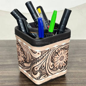 Support de bureau rond en cuir véritable fait main, gravé à la main, pour stylos et crayons, style occidental, pour la vente en gros - Product Image 4