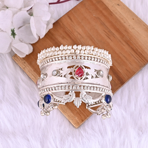 Women's Pink Hydro & Blue Hydro & Kundan Pearl Ethnic Cuff <b>Bracelet</b> | Silver Plated Brass Jewelry - Product Image 2