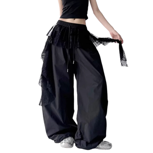 Pantalon large taille haute blanc pour femme grande taille avec volants et détails en dentelle, coupe ample, style streetwear, longueur complète, fermeture à cordon - Product Image 6