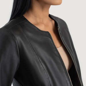 Blouson de moto pour femme style motard Flashback en cuir véritable avec fermeture éclair, col ouvert, couleur unie, coupe-vent en polyester - Product Image 3