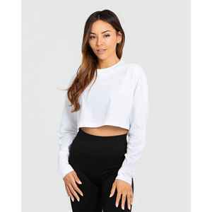 Camiseta Corta Blanca de Manga Larga para Mujer, Cuello Redondo, Tejido de Punto, Color Sólido, Informal, Transpirable, 100% Algodón, Manga Larga, Corte Regular - Product Image 1
