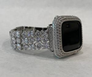 Boîtier de protection en argent entièrement orné de zircone baguette et de diamants de laboratoire pour Apple Watch Series, unisexe et tendance - Product Image 5