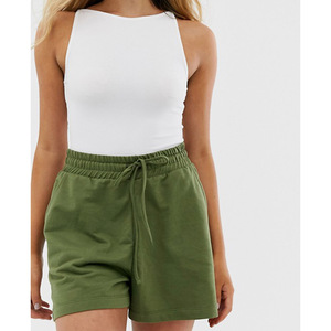 Shorts en coton vert à taille haute pour femmes, avec cordon de serrage, style jupe courte décontractée en tricot de couleur unie, coupe régulière, taille élastique - Product Image 2