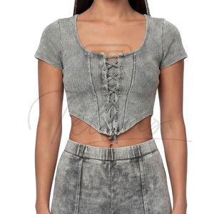 Top Corto de Algodón con Lavado Ácido para Mujer, de Alta Calidad, Nuevo y Elegante, Transpirable, Diseño Único con Cordones, Ropa de Verano Tellus, Venta al Por Mayor en Línea - Product Image 6