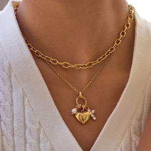dainty jewelry 18K Gold Plated Stainless Steel Pearl Heart <b>Cross</b> Charm Necklace - Product Image 2